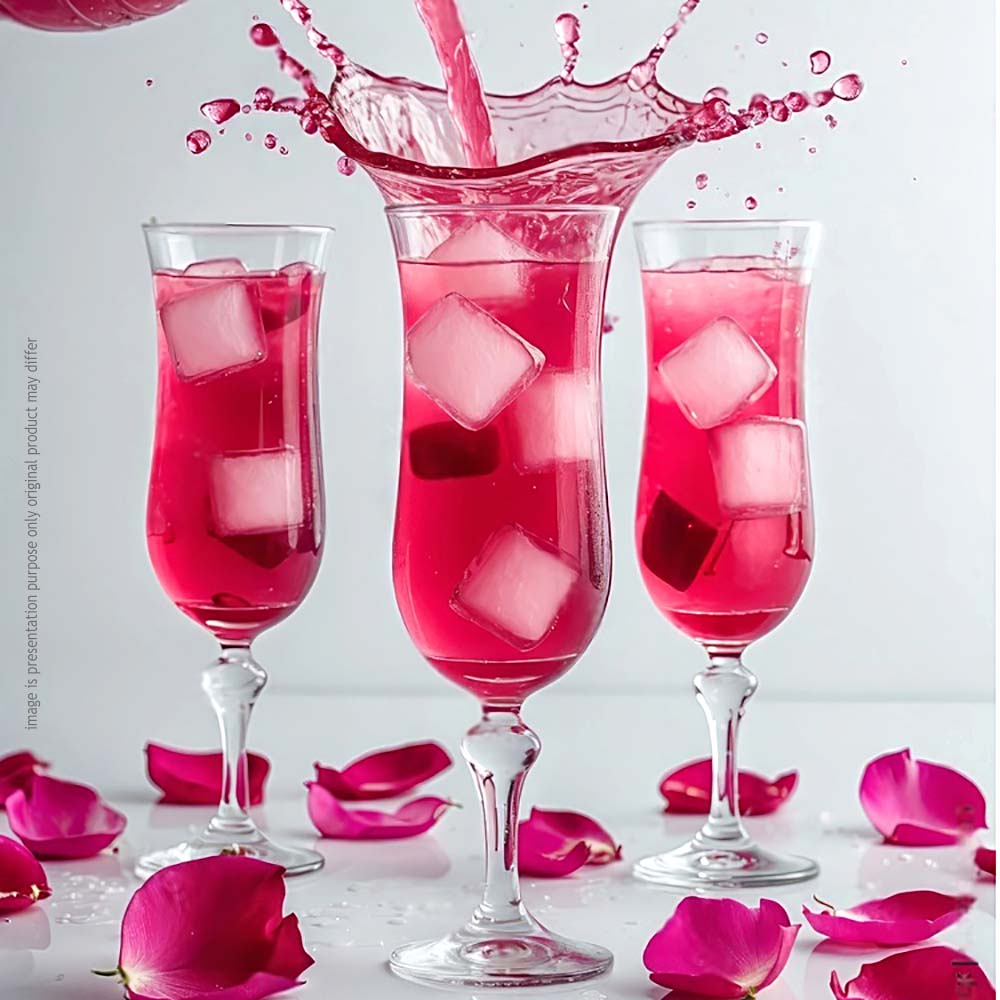 rio of glasses containing a pink drink with ice cubes, showcasing a vibrant and inviting appearance.