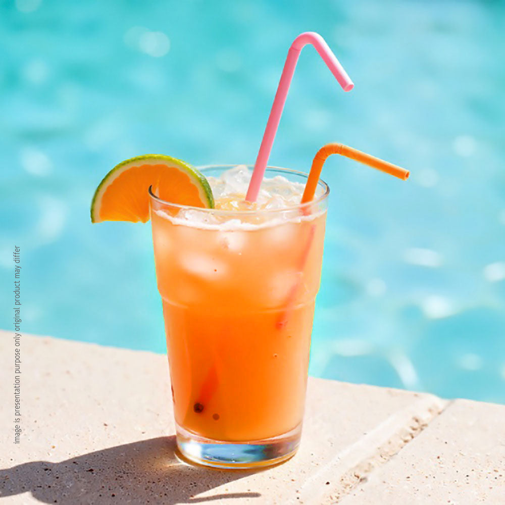 A beverage served with a straw, topped with a slice of orange for decoration.